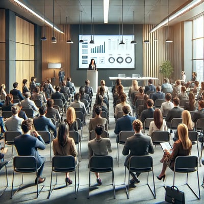 DALL·E 2024-08-30 08.27.30 - A realistic image of an audience listening attentively to a female speaker in a modern conference room. The audience consists of diverse individuals, 